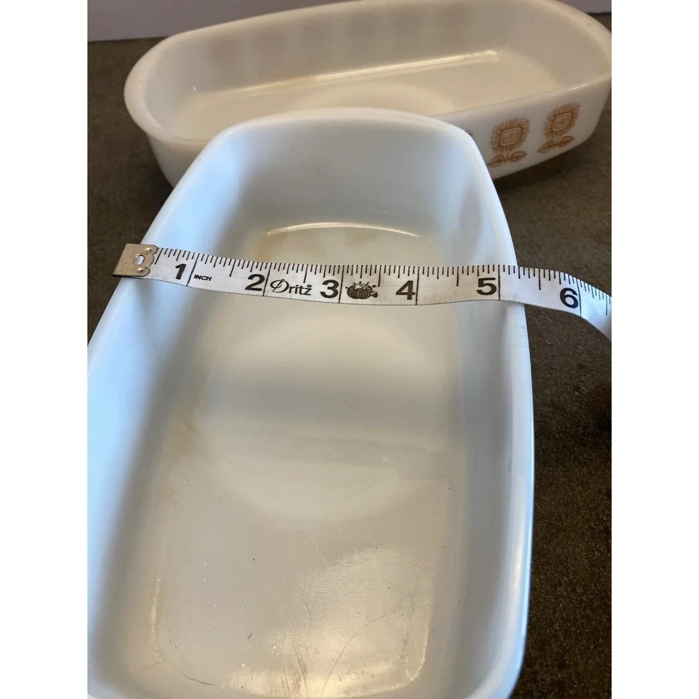 2 Vintage Federal Glass Baking Dish Loaf Pan White Connoisseur Brown Sunflowers